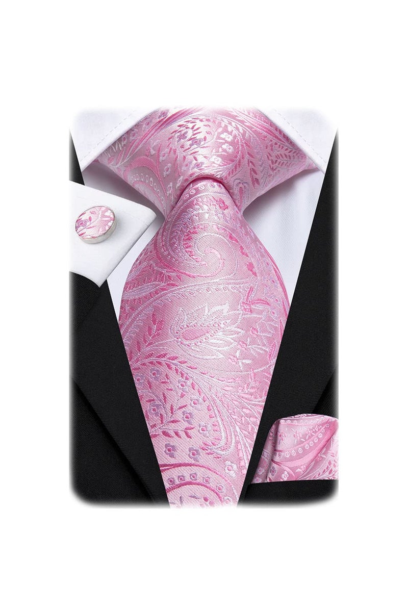 Hi-Tie Silk Paisley Ties for Men Necktie Pocket Square Cufflinks Set Foral Tie Sets Formal Business,Pink - Image 1